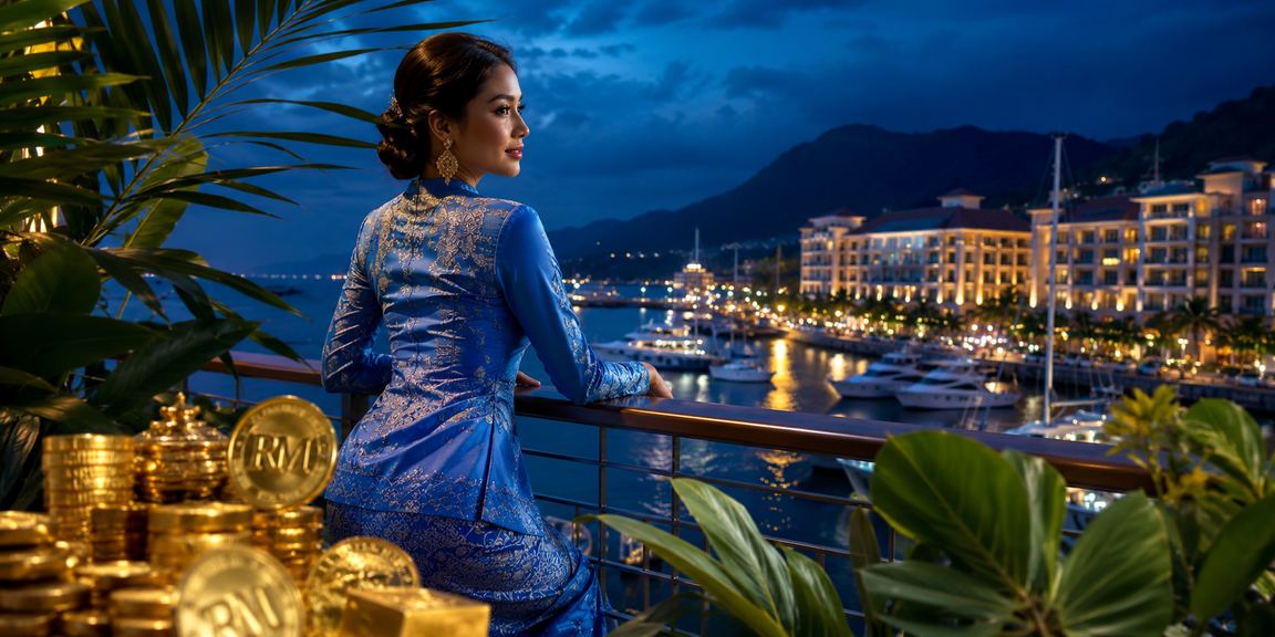 Pemain VIP wanita berbaju kurung menikmati bonus eksklusif baccarat di platform 10050 Langkawi